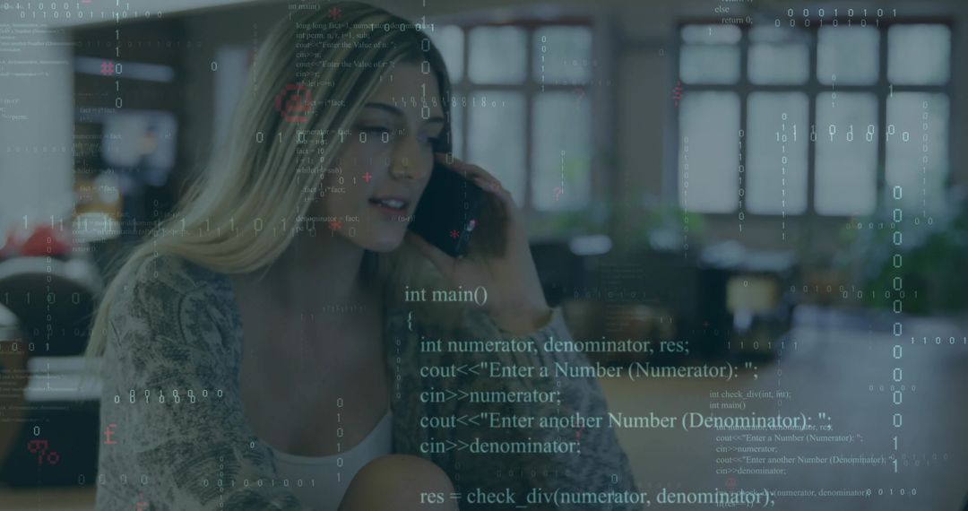 Woman Talking on Smartphone with Code Overlay Display