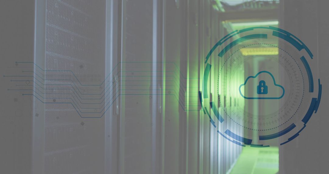 Cloud Security Concept with Digital Lock Over Server Racks