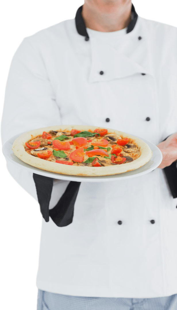Transparent Chef Offering Fresh Pizza on Platter