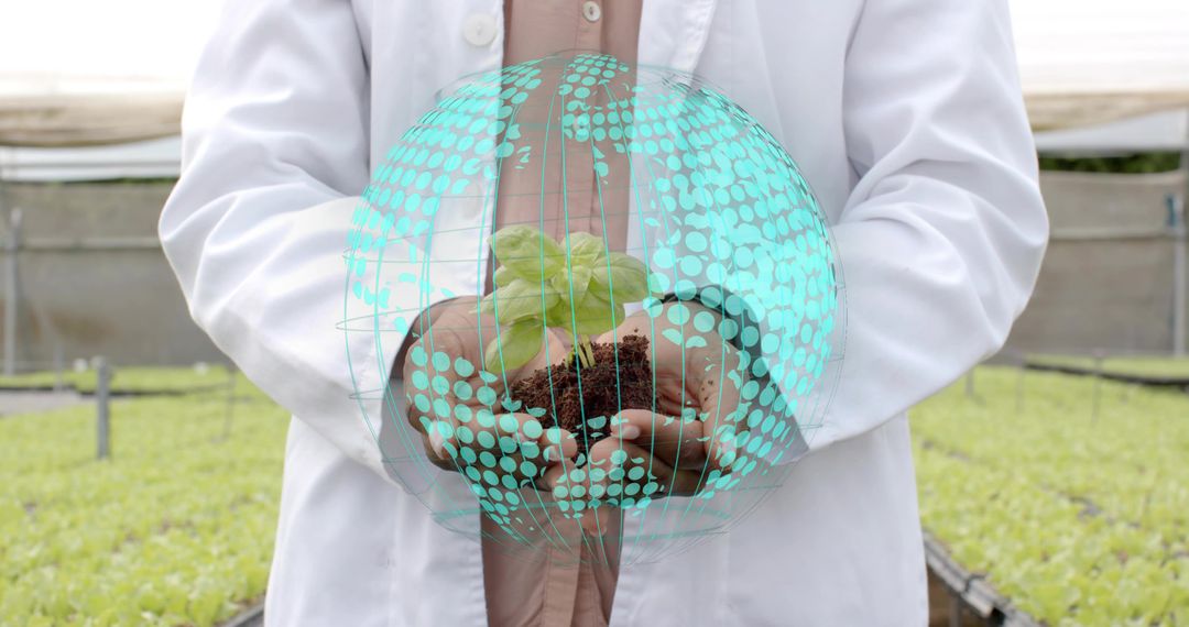 Scientist Studying Plant Growth with Digital Globe Overlay in Greenhouse