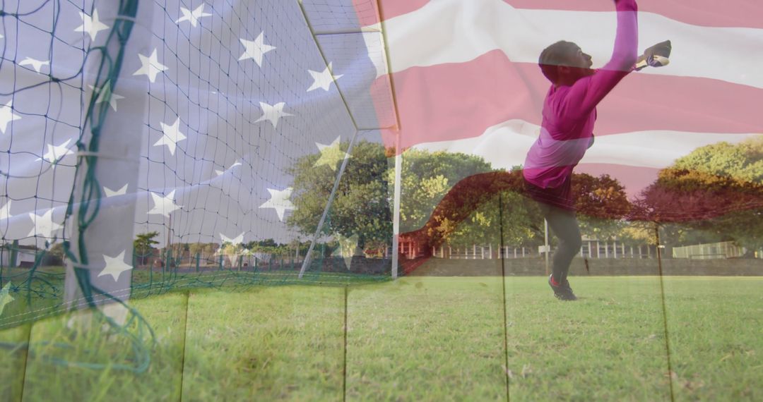 Goalkeeper Diving Save in Vibrant Pink against USA Flag Overlaid