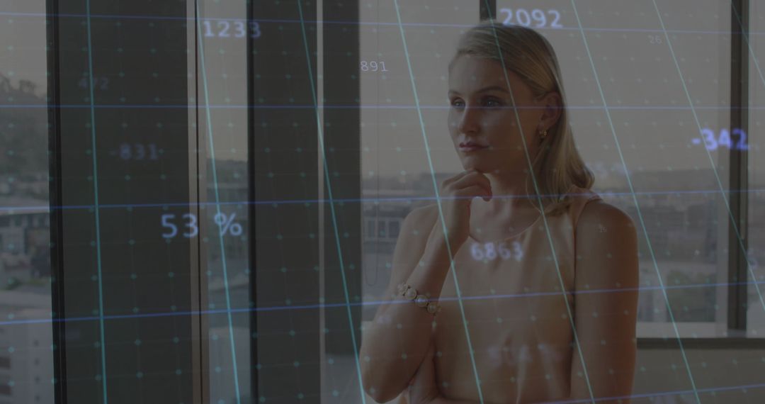 Contemplative Model Looking Through Office Window with Grid Overlay