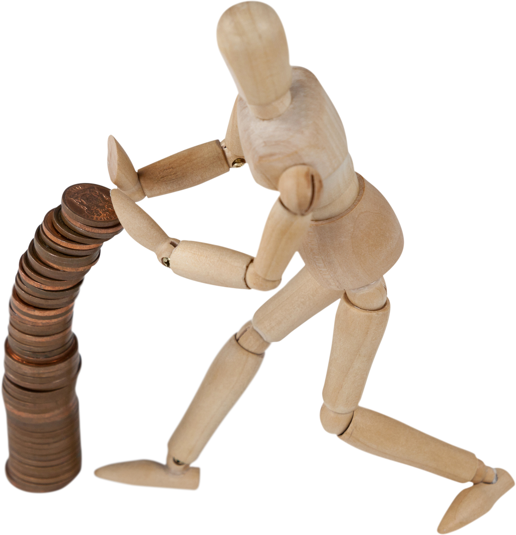 Wooden Figurine Holding Stacked Coins on Transparent Background - Download Free Stock Images Pikwizard.com