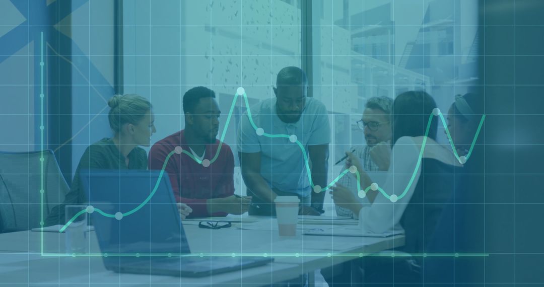 Business Team Collaborating on Data Analysis with Chart Overlay