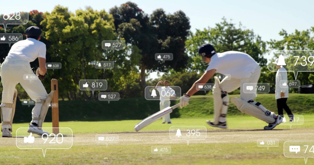 Dynamic Cricket Game with Digital Engagement Overlays on Field - Free Images, Stock Photos and Pictures on Pikwizard.com