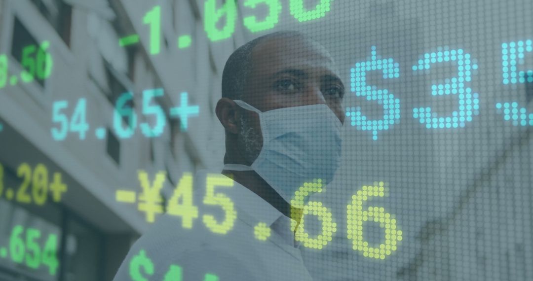 Businessman in Mask Overlayed with Financial Data in Urban Setting
