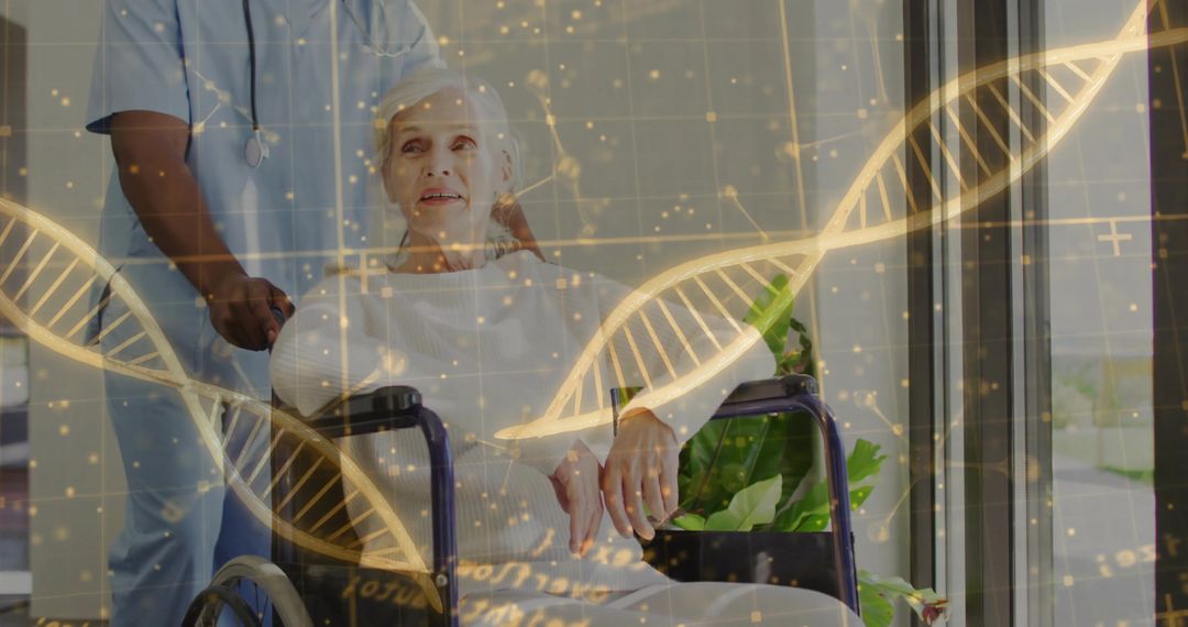 Healthcare Worker Assisting Senior in Wheelchair with DNA Technology Overlay