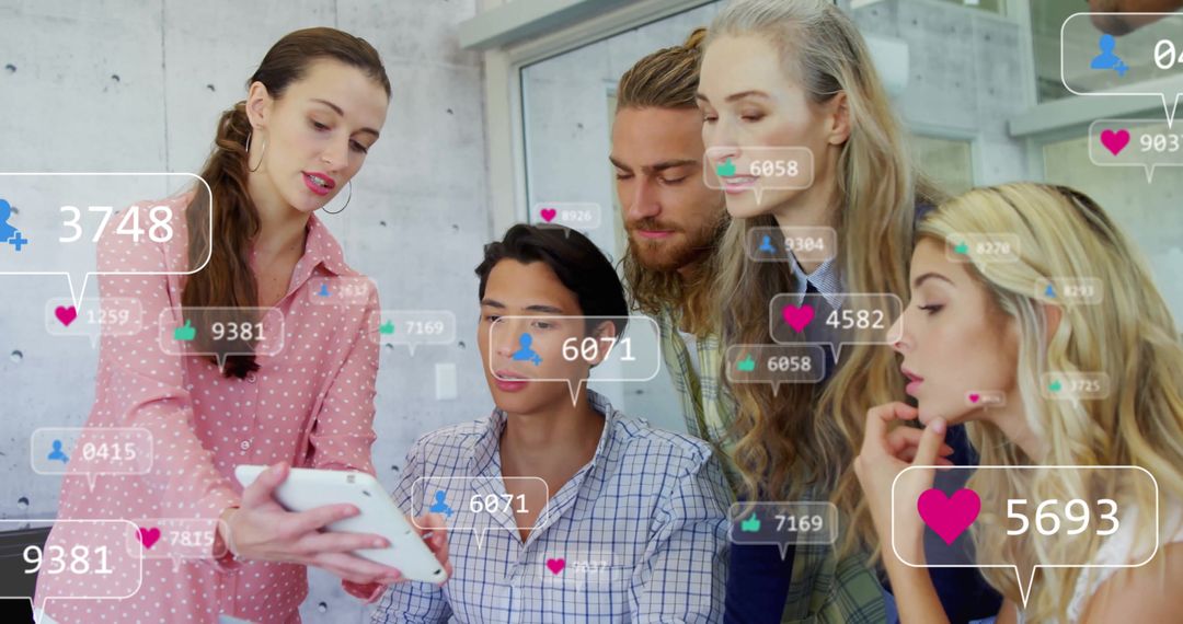 Team Collaborating on Social Media Analytics with Digital Interface