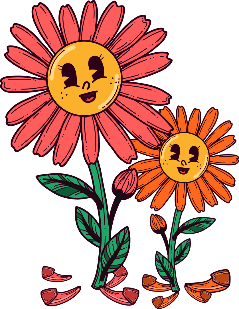 Whimsical Smiling Flowers Vector with Bright Petals on Transparent