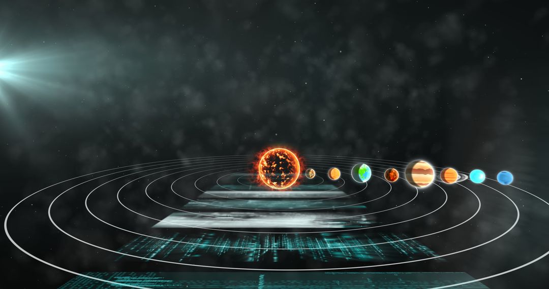 Digital Solar System with Data and Equations Overlay