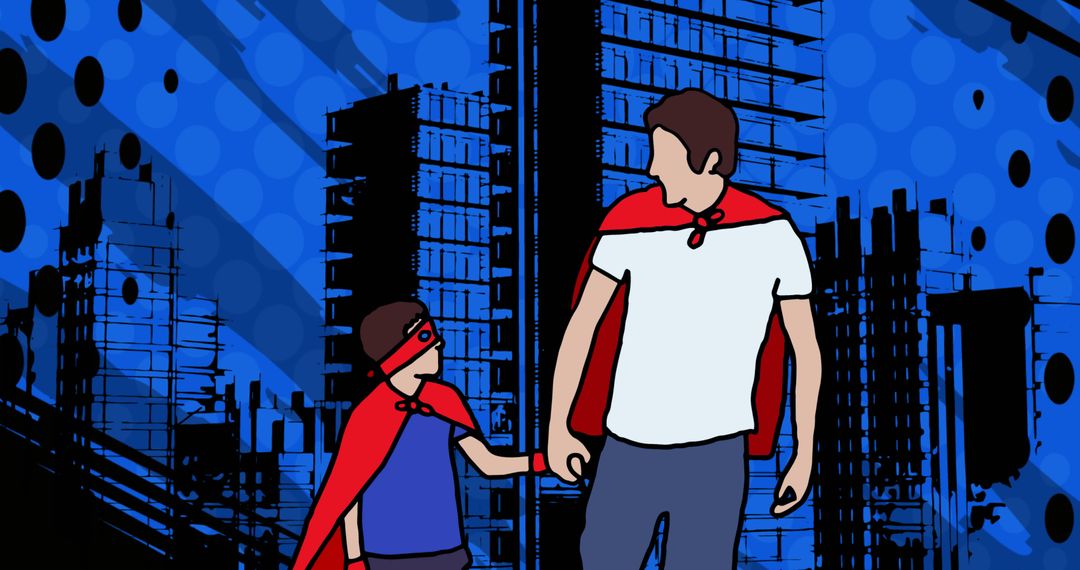 Father and Son Superheroes on Blue Urban Background