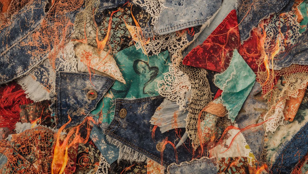 Colorful Cloth Collage with Burning Denim and Lace in Creative Array