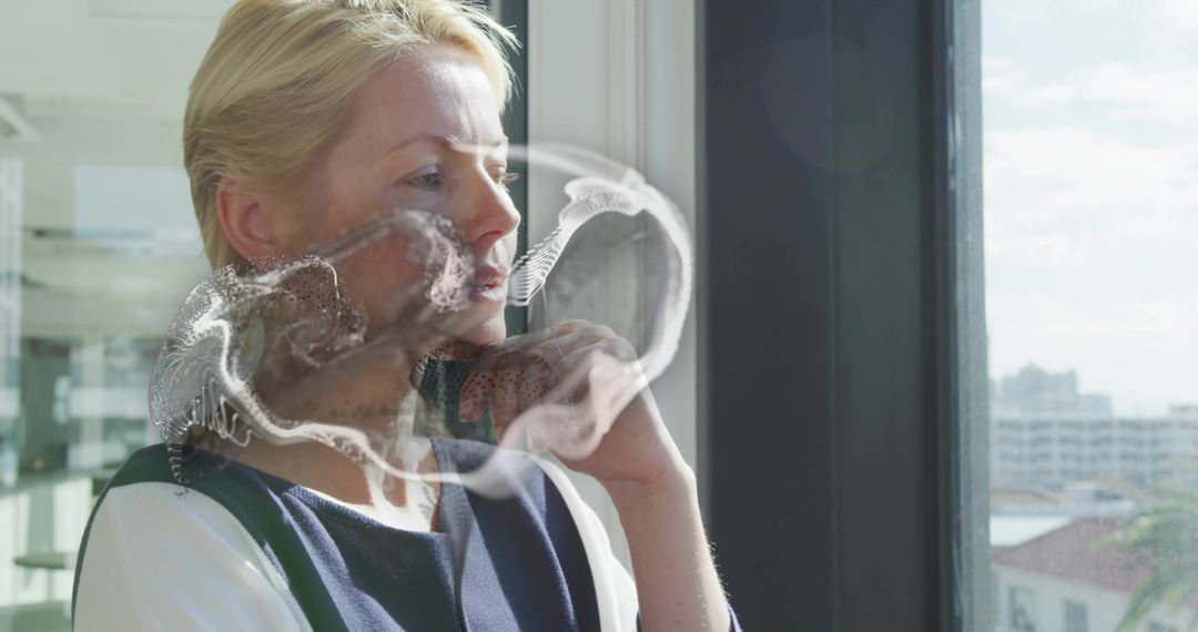 Reflective Professional in Modern Office with Overlay of Science Imagery