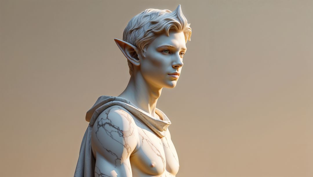Elegant Male Elf Statue with Draped Cloak in Studio Lighting