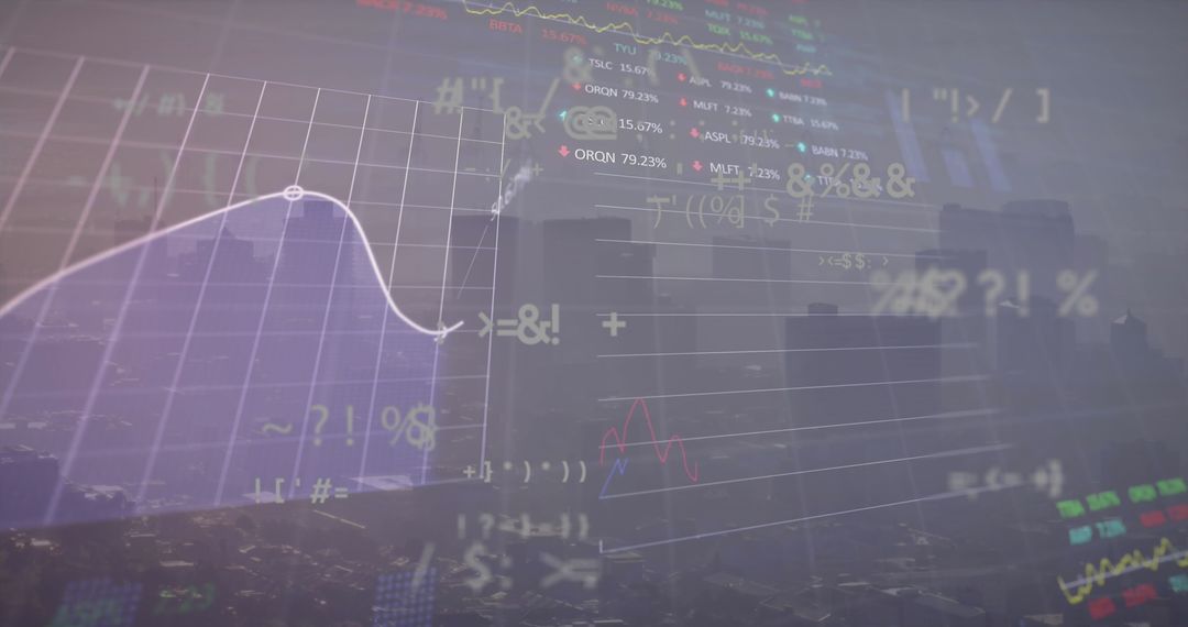 Abstract Financial Data and Digital Math Over Cityscape
