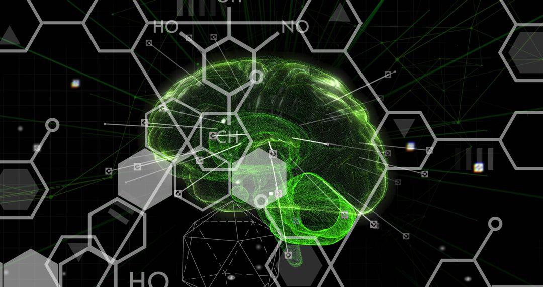 Futuristic Digital Brain with Chemical Molecules and Green Glow