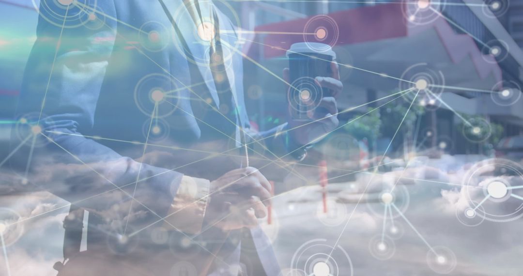 Business network connections overlay with caucasian executive walking