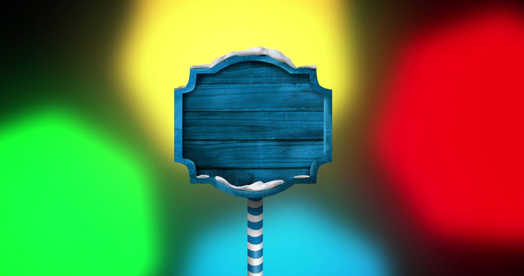 Blue Wooden Sign Post with Colorful Festive String Lights