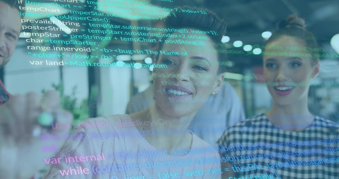 Diverse Team Analyzing Code on Digital Board in Modern Office