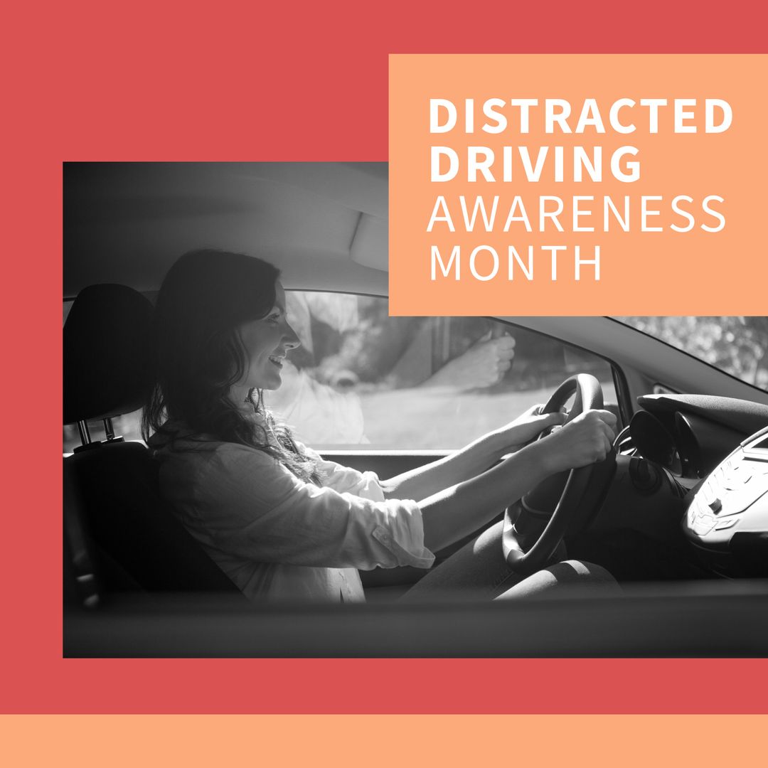 Caucasian Woman Driving Car Promoting Distracted Driving Awareness Month - Download Free Stock Templates Pikwizard.com