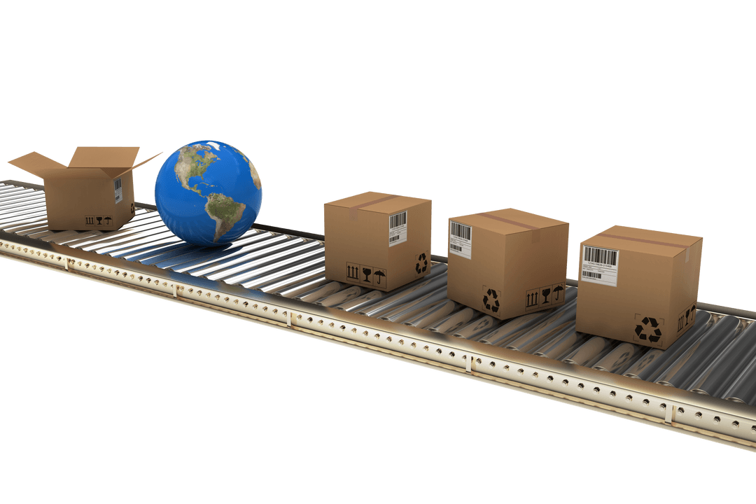 Transparent Global Shipping Control Concept with Conveyor and Boxes