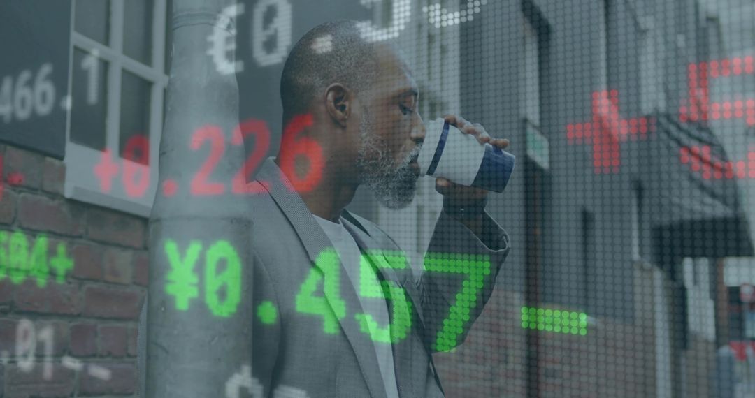 Businessman Drinking Coffee with Overlaid Stock Ticker Display