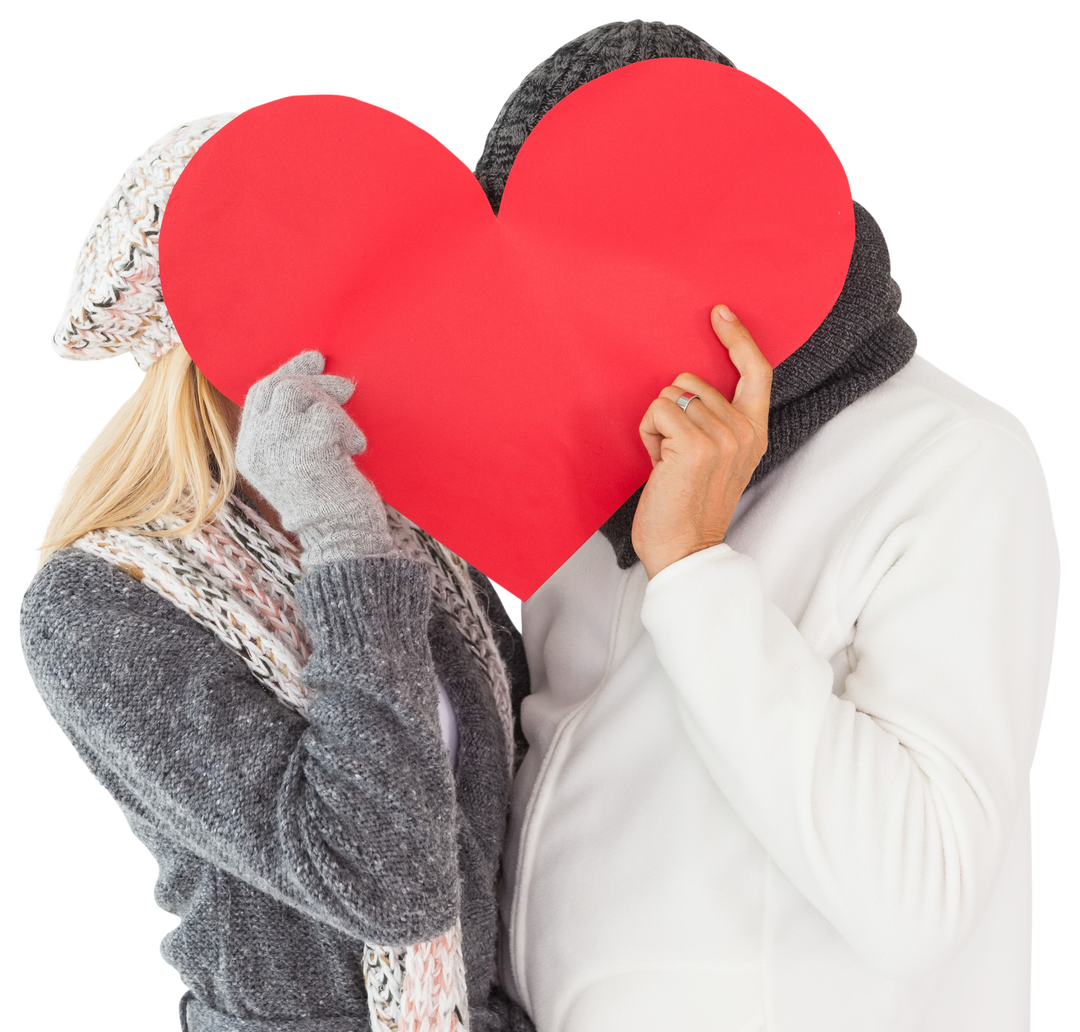 Couple behind large red heart, wearing winter attire on transparent background - Download Free Stock Images Pikwizard.com