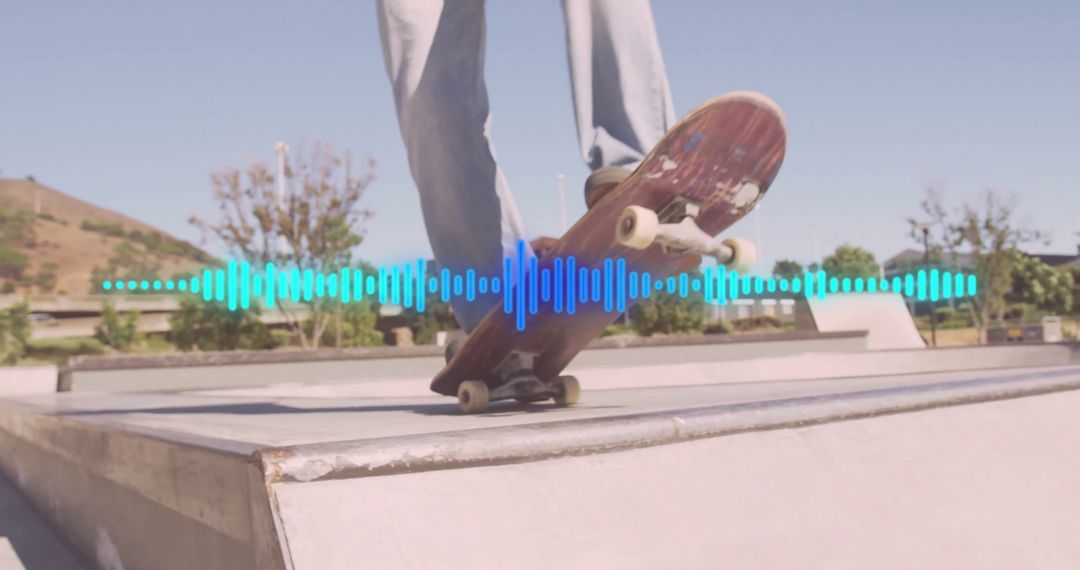 Balancing Skateboarder Mid-Trick with Sound Wave Overlay