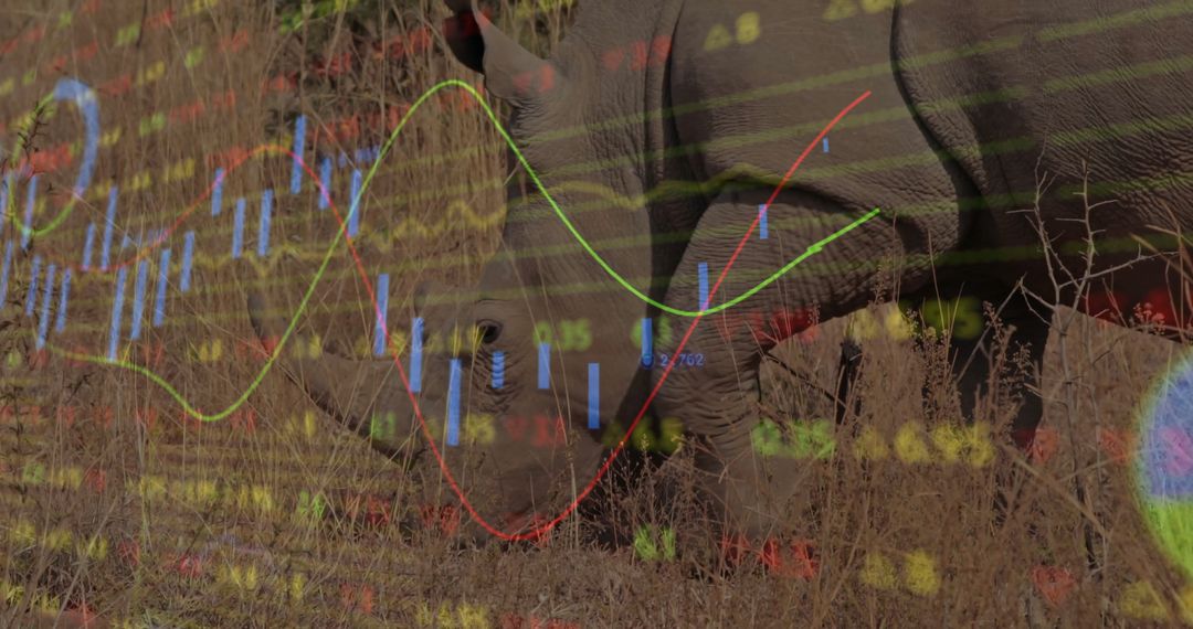Rhinoceros Grazing on Savannah with Financial Chart Overlay