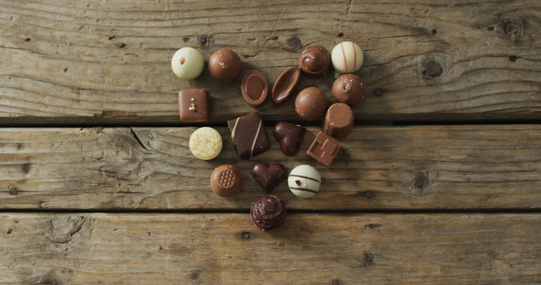 Heart Shaped Chocolate Assortment on Rustic Wooden Surface