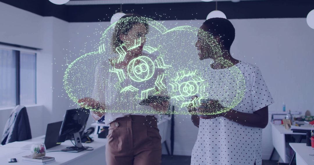 Colleagues Interacting with Cloud Hologram in Tech Office