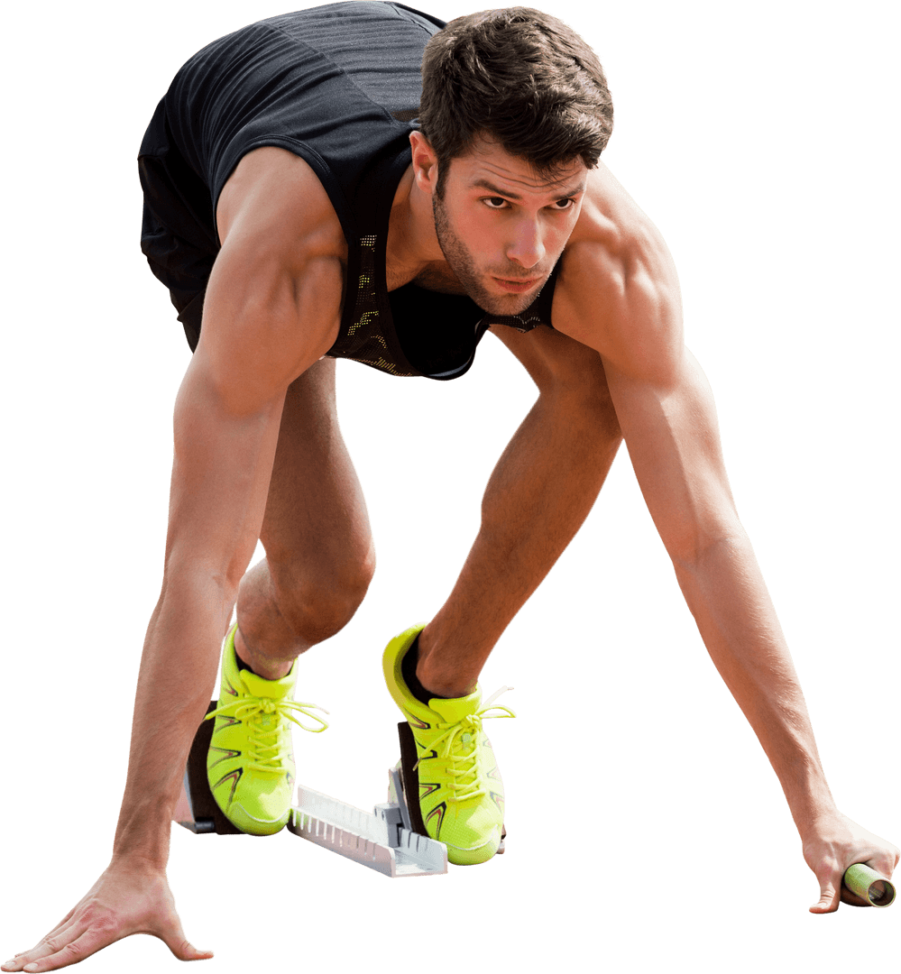 Energetic Male Runner in Starting Position on Transparent Background