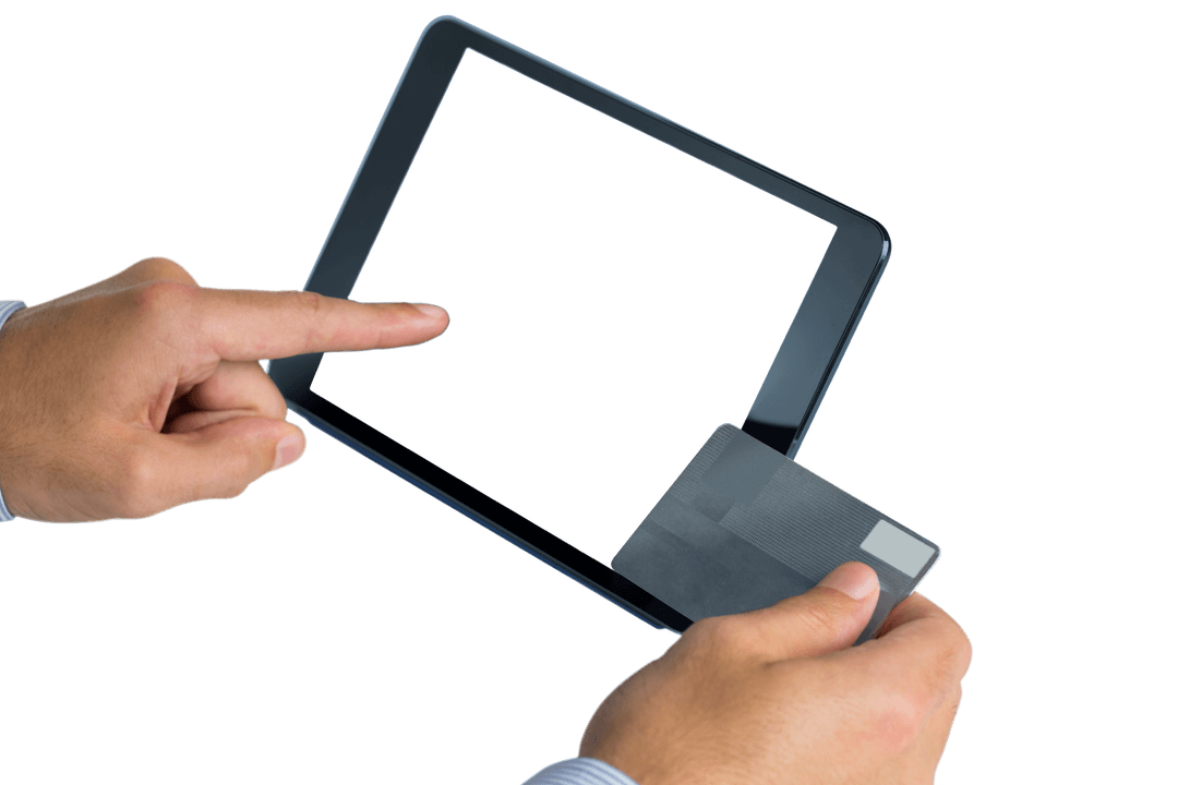 Hands Holding Credit Card and Tablet with Transparent Copy Space