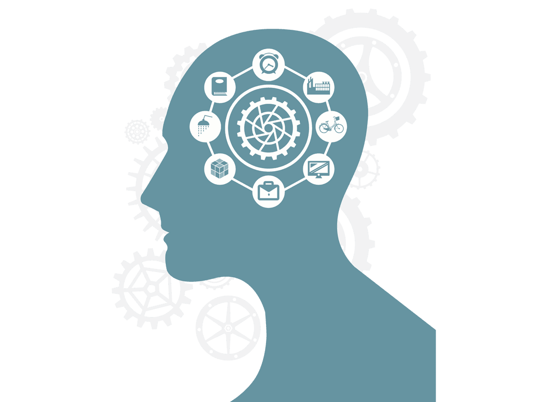 Human Head with Gears and Icons Illustrating Productivity on Transparent Background