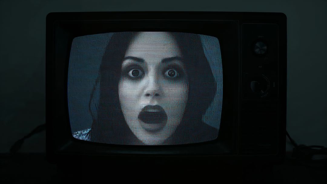 Horror Scene on Vintage CRT TV Screen with Eerie Static Effect