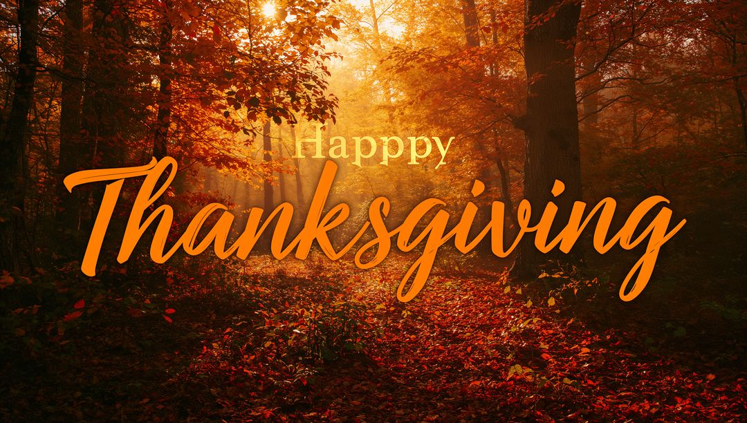 Sunlit Autumn Forest Featuring Happy Thanksgiving Script in Warm Golden Fall Tones