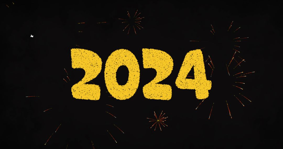 2024 with Yellow Fireworks on Black Background for New Year Celebration