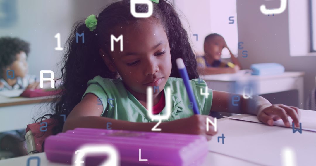 Concentrating Biracial Schoolgirl in Classroom with Overlapping Letters and Numbers