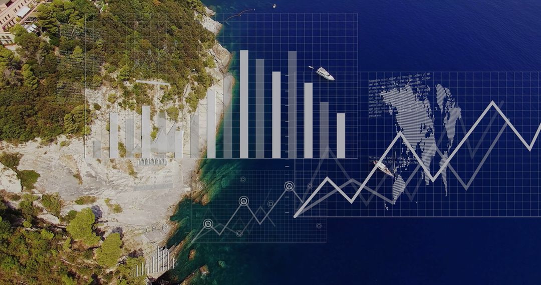 Coastal Aerial View with Data Visualization and Yacht