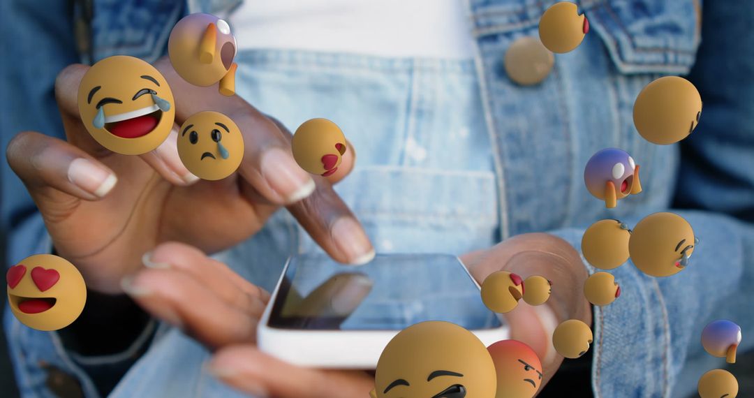 Woman Engaging on Smartphone With Floating Emojis Emphasizing Connectivity