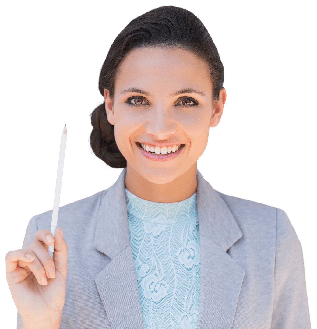 Smiling Businesswoman Holding Pencil on Transparent Background