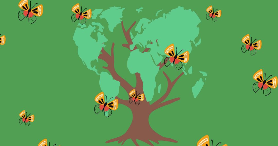 Butterflies Surrounding Tree Shaped World Map on Green Background