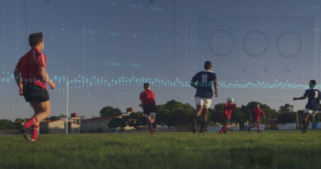 Soccer Players Training with Modern Digital Financial Overlay
