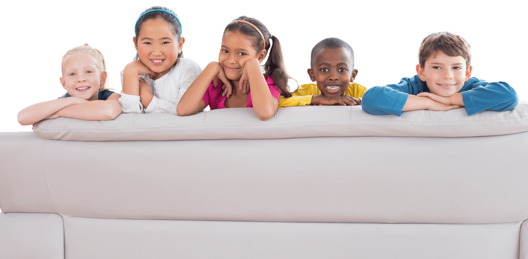 Transparent Diverse Kids Relaxing on Couch with Joy