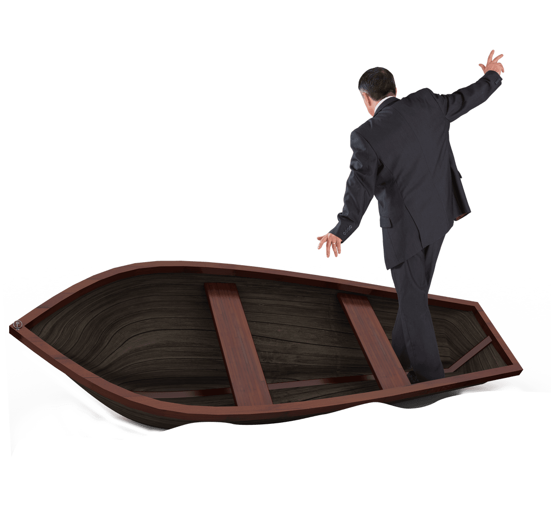 Businessman Balancing on Boat Transparent Background