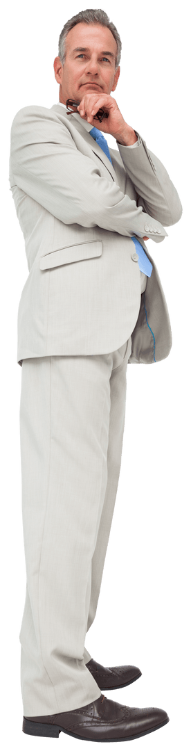 Thoughtful Businessman Standing in Gray Suit on Transparent Background