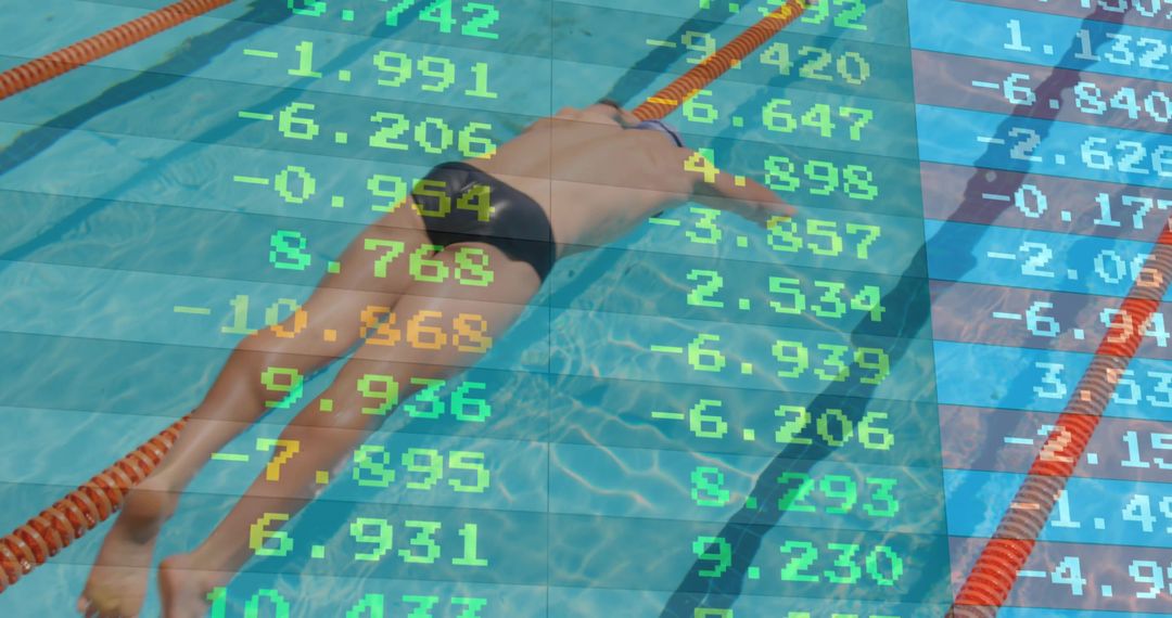 Swimmer in Lap Pool with Financial Digital Overlay Symbolizing Performance