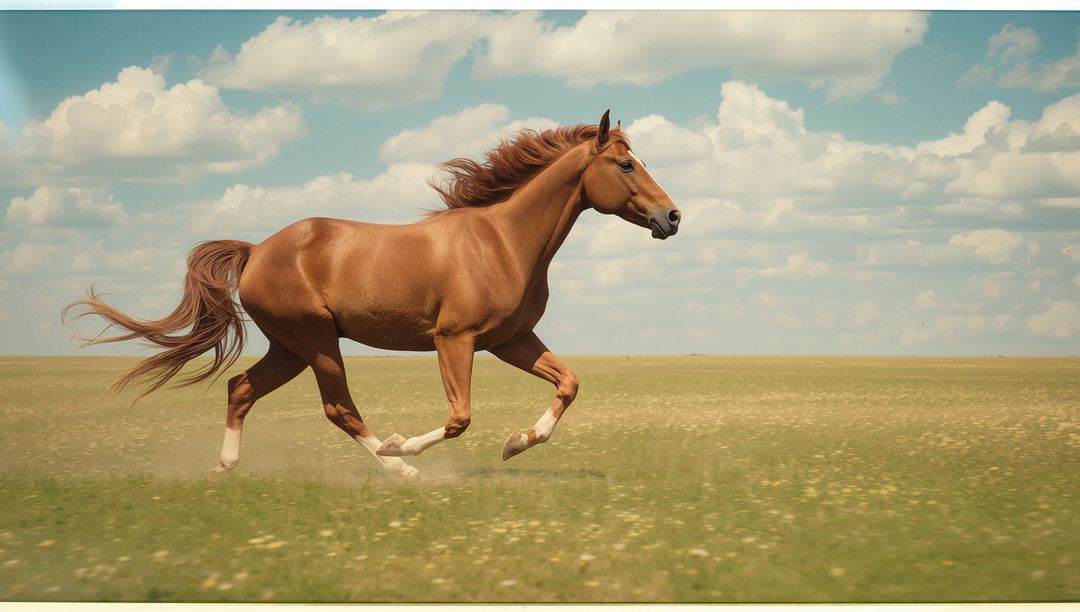 Galloping Chestnut Horse Across Sprawling Grassland Under Cloudy Sky