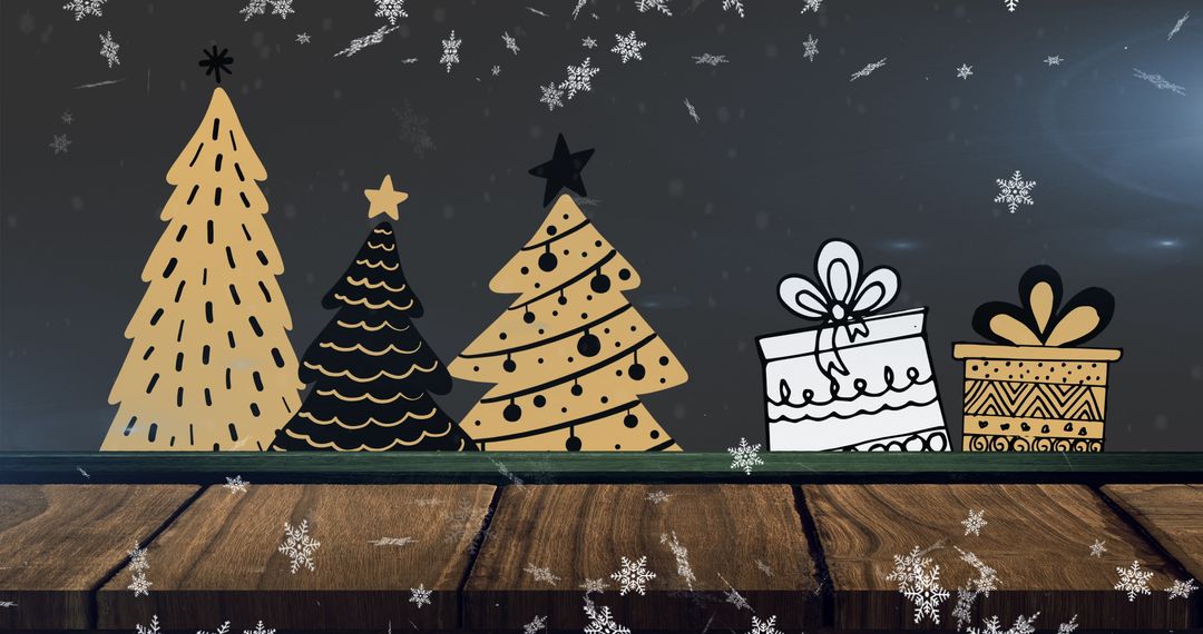 Festive Christmas Trees and Presents with Falling Snow