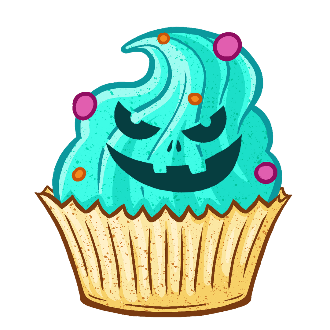 Spooky Mint Cupcake with Pumpkin Face on Transparent Background